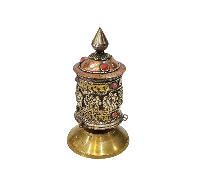 Buddhist Handmade Prayer Wheel With Mantra Inside, [ashtamangala], [omph], [stone Setting], Table Top