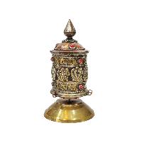 Buddhist Handmade Prayer Wheel With Mantra Inside, [ashtamangala], [omph], [stone Setting], Table Top