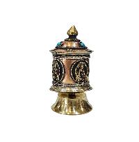 Buddhist Handmade Prayer Wheel With Mantra Inside, [pancha Buddha], [stone Setting], Table Top