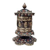 Buddhist Handmade Prayer Wheel With Mantra Inside, [ashtamangala], [omph], [stone Setting], Table Top