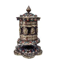 Buddhist Handmade Prayer Wheel With Mantra Inside, [ashtamangala], [omph], [stone Setting], Table Top