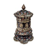 Buddhist Handmade Prayer Wheel With Mantra Inside, [ashtamangala], [omph], [stone Setting], Table Top