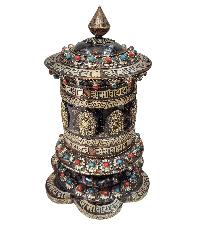 Buddhist Handmade Prayer Wheel With Mantra Inside, [ashtamangala], [omph], [stone Setting], Table Top