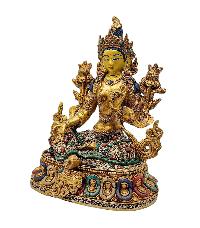 [green Tara], Buddhist Handmade Statue, [stone Setting], [full Gold Plated], [face Painted]