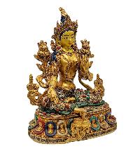 [green Tara], Buddhist Handmade Statue, [stone Setting], [full Gold Plated], [face Painted]