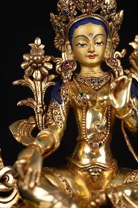 [green Tara], Buddhist Statue, [full Gold Plated], [stone Setting], [face Painted]