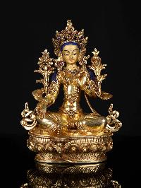 [green Tara], Buddhist Statue, [full Gold Plated], [stone Setting], [face Painted]
