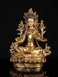 [green Tara], Buddhist Statue, [full Gold Plated], [stone Setting], [face Painted]