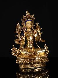 [green Tara], Buddhist Statue, [full Gold Plated], [stone Setting], [face Painted]