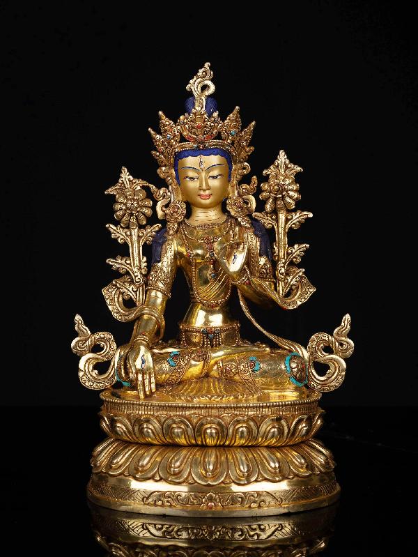 This 36cm tall White Tara, Buddhist Statue, Full Gold Plated, Stone Setting, Face Painted (Product Code: HMS35624) weighs 4.97kg and is available at an offer price of US$528.