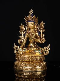 [white Tara], Buddhist Statue, [full Gold Plated], [stone Setting], [face Painted]