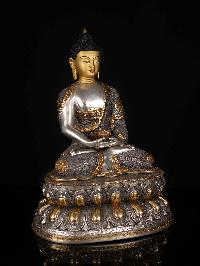 [amitabha Buddha], Buddhist Statue, [iron Oxidized], [partly Gold Plated], [face Painted]