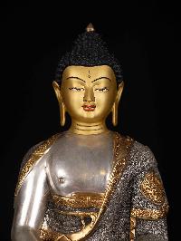 [amitabha Buddha], Buddhist Statue, [iron Oxidized], [partly Gold Plated], [face Painted]