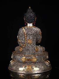 [amitabha Buddha], Buddhist Statue, [iron Oxidized], [partly Gold Plated], [face Painted]