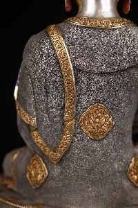 [amitabha Buddha], Buddhist Statue, [iron Oxidized], [partly Gold Plated], [face Painted]