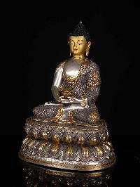 [amitabha Buddha], Buddhist Statue, [iron Oxidized], [partly Gold Plated], [face Painted]