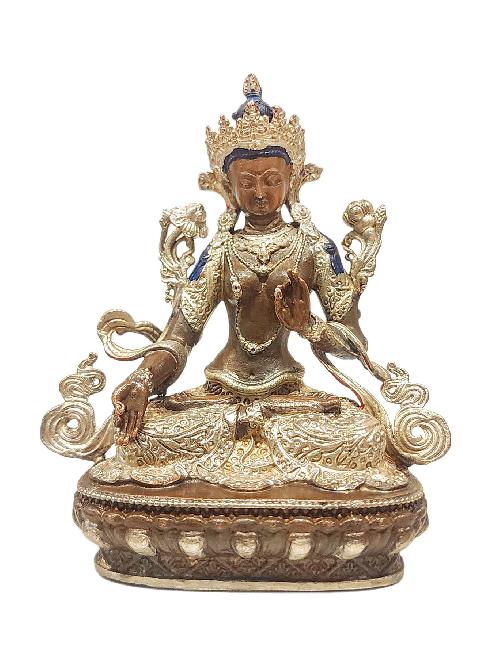 This 10cm tall White Tara, Buddhist Statue, Silver And Chocolate Oxidized (Product Code: HMS35636) weighs 0.2kg and is available at an offer price of US$18.