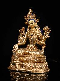[green Tara], Buddhist Statue, [full Gold Plated], [stone Setting], [face Painted]