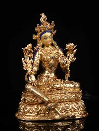 [green Tara], Buddhist Statue, [full Gold Plated], [stone Setting], [face Painted]