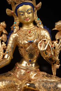 [green Tara], Buddhist Statue, [full Gold Plated], [stone Setting], [face Painted]