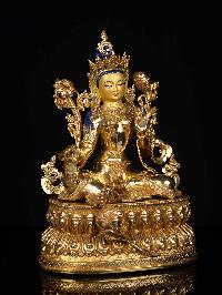 [green Tara] Buddhist Statue, [full Gold Plated], [stone Setting], [face Painted]