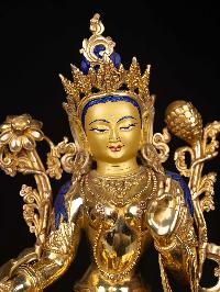 [green Tara] Buddhist Statue, [full Gold Plated], [stone Setting], [face Painted]