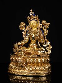[green Tara] Buddhist Statue, [full Gold Plated], [stone Setting], [face Painted]