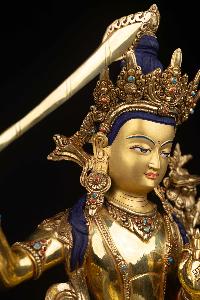 [manjushri] Buddhist Statue, [full Gold Plated], [stone Setting], [face Painted]