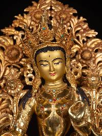 [green Tara], Buddhist Handmade Statue, [partly Gold Plated With Extra Gold], [face Painted]