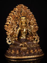 [green Tara], Buddhist Handmade Statue, [partly Gold Plated With Extra Gold], [face Painted]
