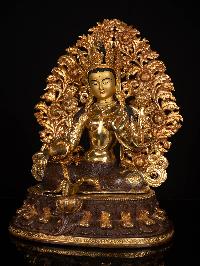 [green Tara], Buddhist Handmade Statue, [partly Gold Plated With Extra Gold], [face Painted]