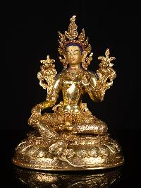 [green Tara], Buddhist Handmade Statue, [full Gold Plated], [face Painted]