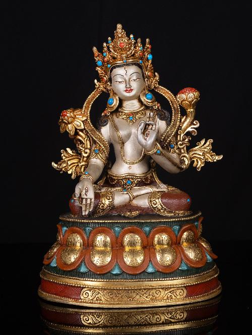 This 27cm tall White Tara, Buddhist Handmade Statue, Thangka Color Finishing, Stone Setting (Product Code: HMS35669) weighs 2.6kg and is available at an offer price of US$312.