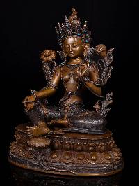 [green Tara] With Double Base, Buddhist Handmade Statue, [chocolated Oxidized]