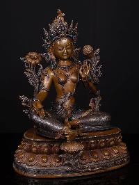 [green Tara] With Double Base, Buddhist Handmade Statue, [chocolated Oxidized]