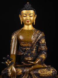 [medicine Buddha] With Double Base, Buddhist Handmade Statue, [chocolate Oxidized], [face Painted]