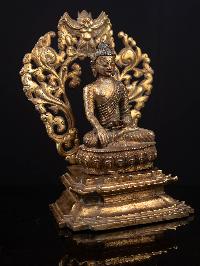 [shakyamuni Buddha] On Throne, Buddhist Handmade Statue, [full Gold Plated], [antique Finishing]