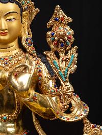 [green Tara], Buddhist Handmade Statue, [full Gold Plated], [stone Setting], [face Painted]