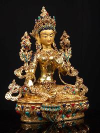 [green Tara], Buddhist Handmade Statue, [full Gold Plated], [stone Setting], [face Painted]