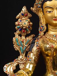 [green Tara], Buddhist Handmade Statue, [full Gold Plated], [stone Setting], [face Painted]