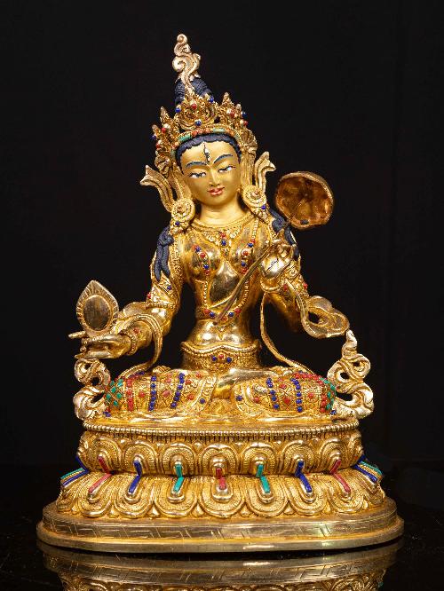 This 22cm tall Sitatapatra With Double Base, Buddhist Handmade Statue, Full Gold Plated, Stone Setting, Face Painted (Product Code: HMS35717) weighs 1.8kg and is available at an offer price of US$216.