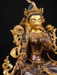 [green Tara], Buddhist Handmade Statue, [partly Gold Plated], [face Painted]