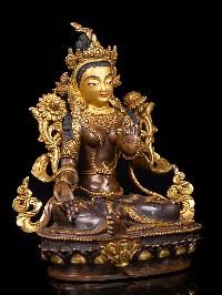 [green Tara], Buddhist Handmade Statue, [partly Gold Plated], [face Painted]