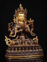 [chenrezig] With Double Base, Buddhist Handmade Statue, [partly Gold Plated], [face Painted]