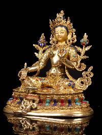 [green Tara] With Double Base, Buddhist Handmade Statue, [full Gold Plated], [stone Setting], [face Painted]