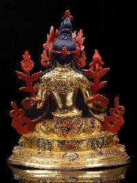 [green Tara] With Double Base, Buddhist Handmade Statue, [full Gold Plated], [stone Setting], [face Painted]