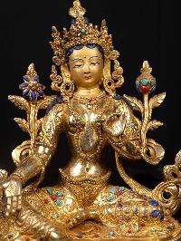 [green Tara] With Double Base, Buddhist Handmade Statue, [full Gold Plated], [stone Setting], [face Painted]