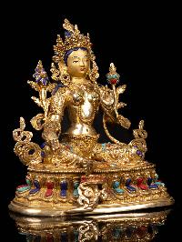 [green Tara] With Double Base, Buddhist Handmade Statue, [full Gold Plated], [stone Setting], [face Painted]