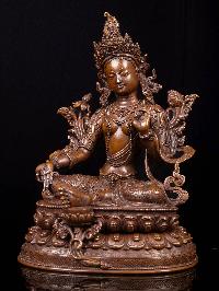 [green Tara] With Double Base, Buddhist Handmade Statue, [chocolate Oxidized]
