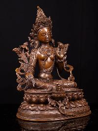 [green Tara] With Double Base, Buddhist Handmade Statue, [chocolate Oxidized]